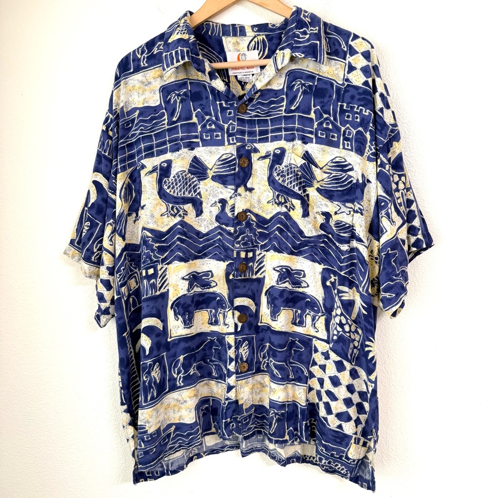 Pineapple Moon Men's XL Rayon Hawaiian Shirt Blue Animal Safari Art Tropical EUC